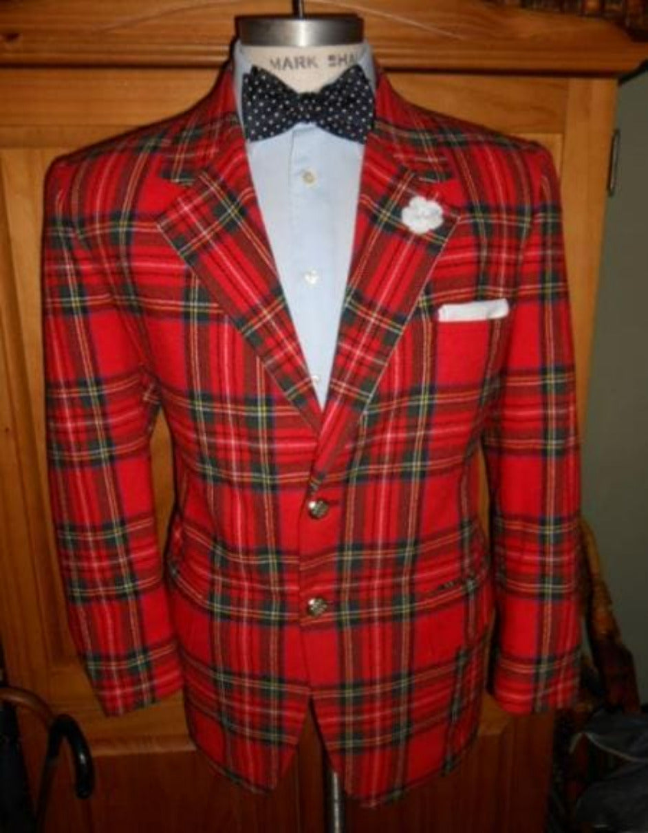 Big and Tall Plait Sport Coat - Windowpane Checkered Scottish English Pattern Party Blazers Color Green and Blue Tartan - S