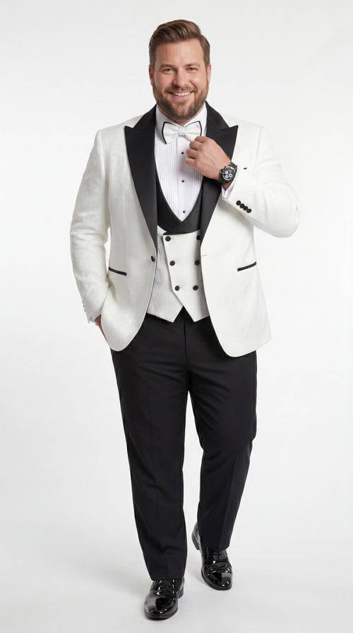 Statement Men’s White and Black Vested Tuxedo, Peak Lapel Wedding Prom Formal Suit with Bow Tie
