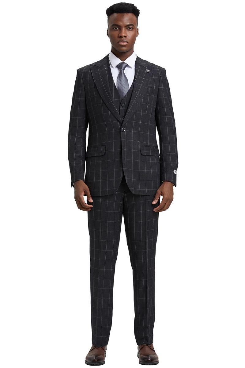 Men's Stacy Adams Vest Classic Bold Windowpane Suit in Dark Charcoal Grey - 38 Regular