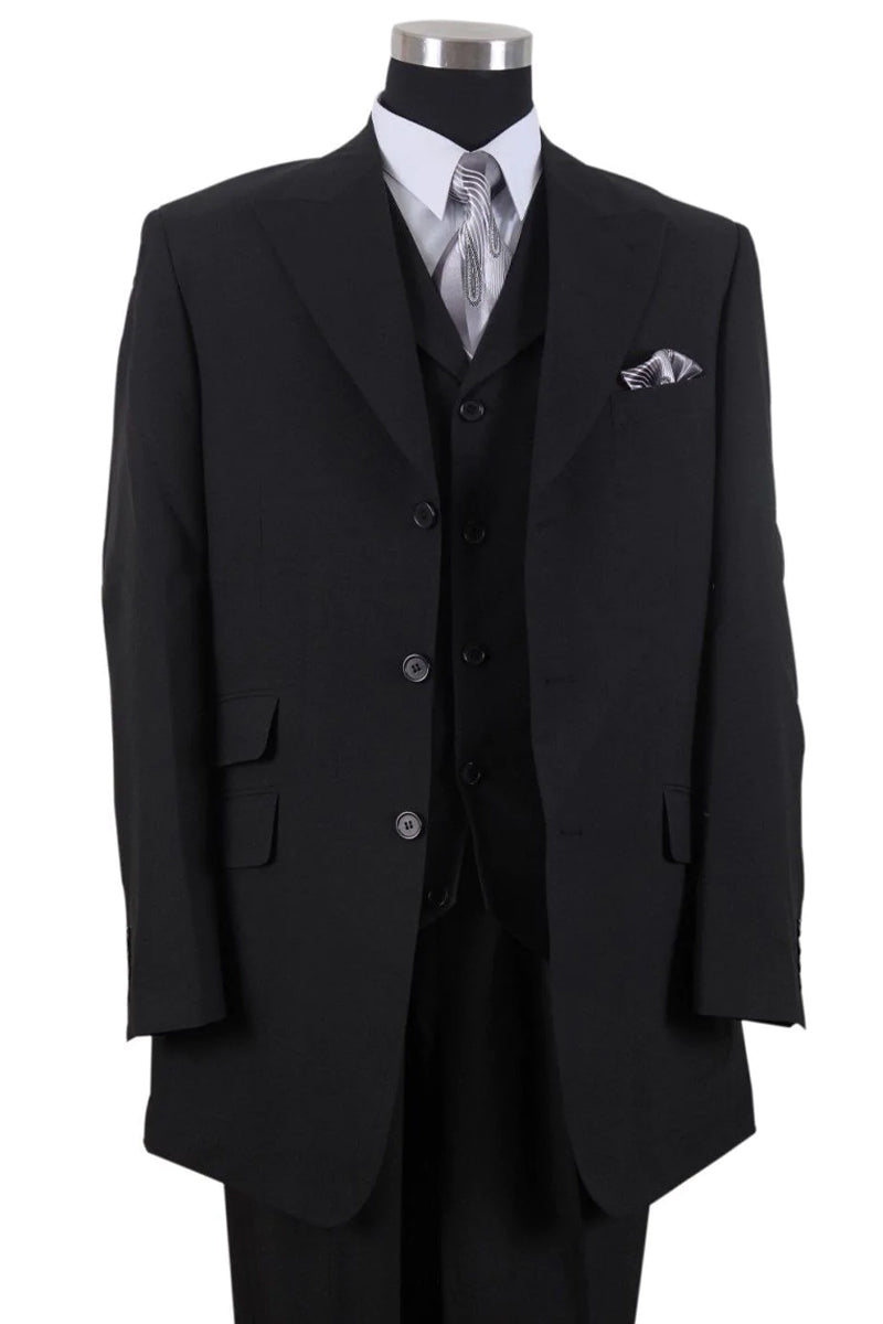 "Black Men's Fashion Suit - 3 Button Vested Wide Peak Lapel"