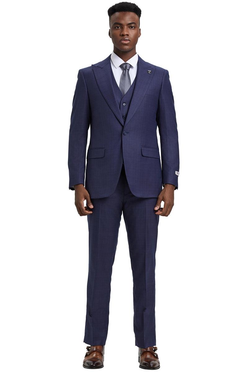 Men's Stacy Adams Vested One Button Wide Peak Lapel Windowpane Plaid Suit in Eggplant Purple - 38 Regular