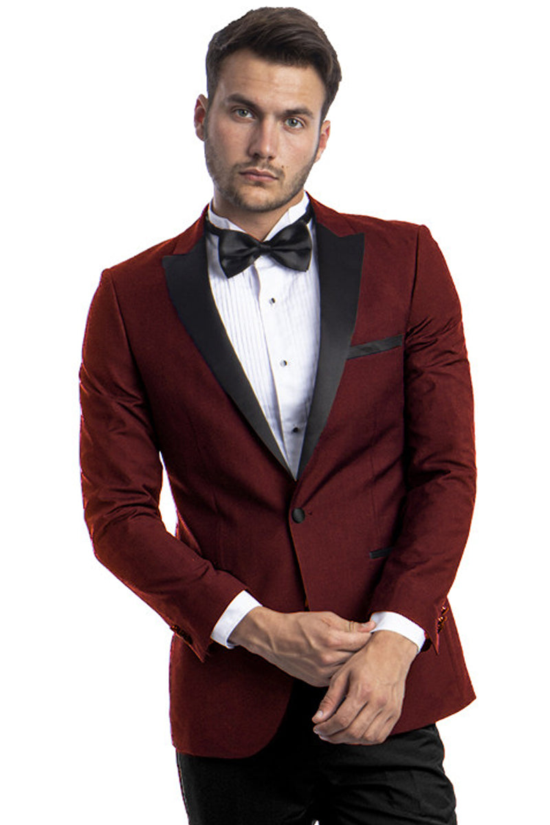 "Burgundy Men's Slim Fit Wedding Tuxedo with One Button Peak Lapel"