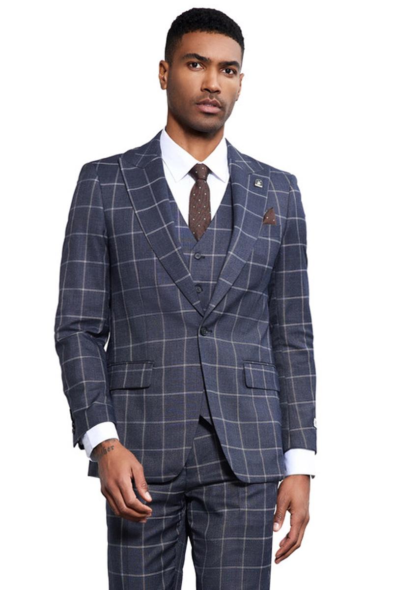Men's Stacy Adams Classic One Button Vested Windowpane Suit in Charcoal Grey - 38 Regular