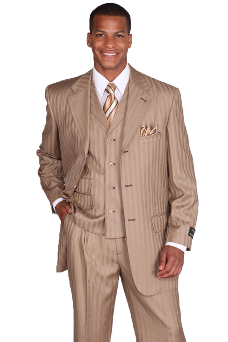 "Tan Pinstripe Fashion Suit - Men's 3-Button Vested by Tonal" - 38 Long
