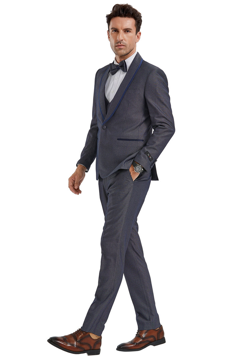 "Grey Birdseye Men's Shawl Tuxedo with Blue Trim - One Button Vested" - 34 Short