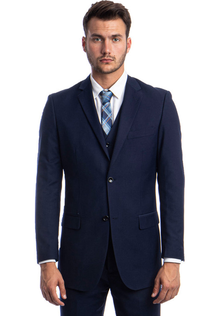 Blue Men's Wedding & Business Suit - Two Button Vested Solid Color - 34 Short