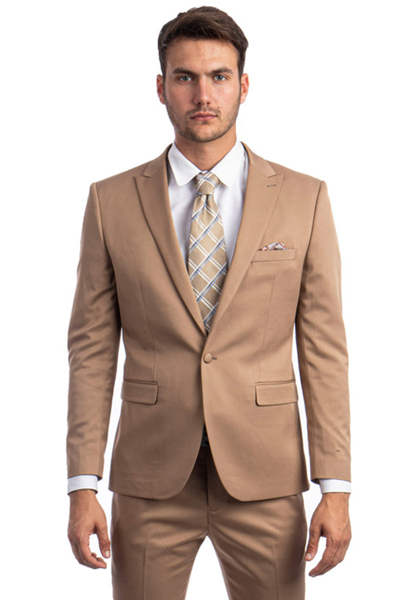 "Dark Taupe Slim Fit Men's Suit with One Button Peak Lapel"