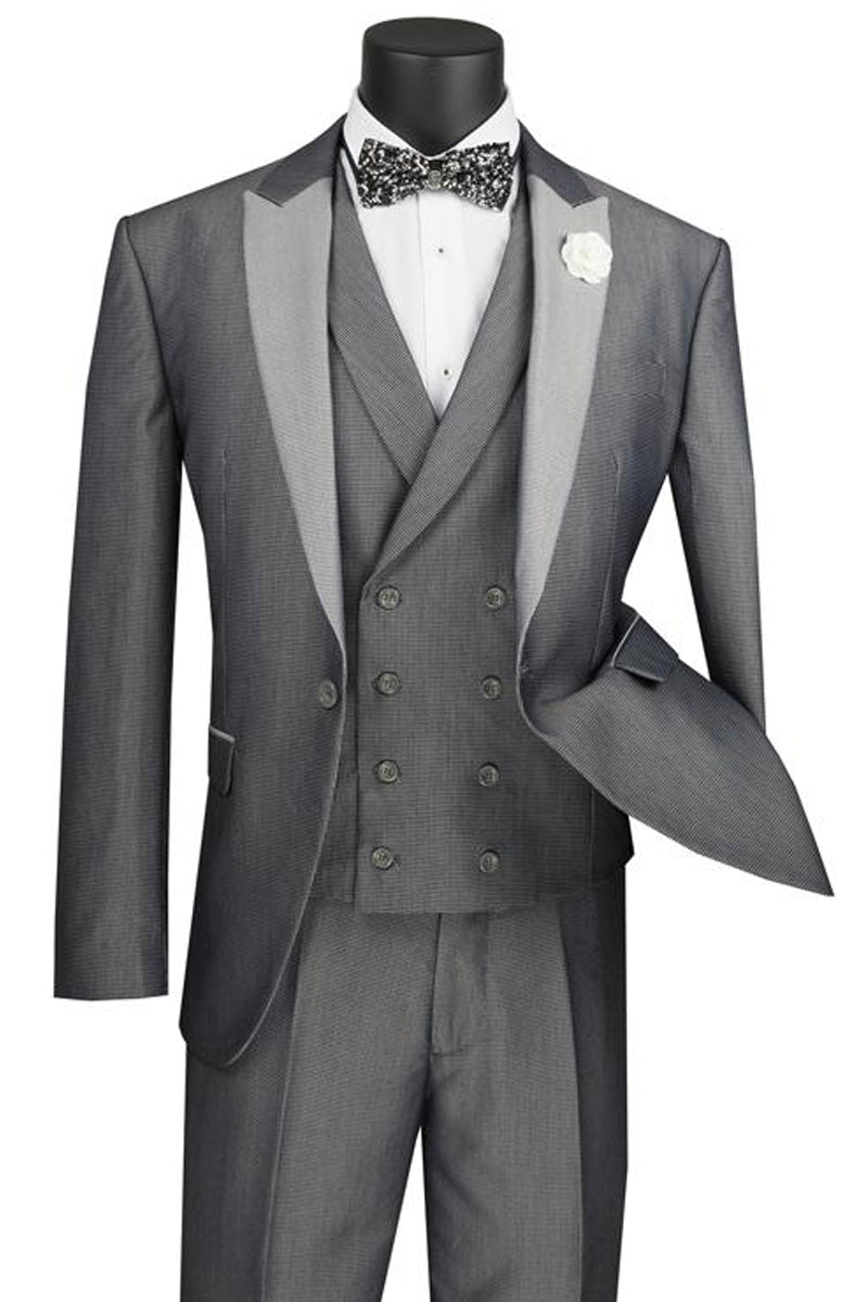 Mens 1 Button Contrast Peak Lapel Double Breasted Vest Tuxedo Suit in Silver - 36 Short
