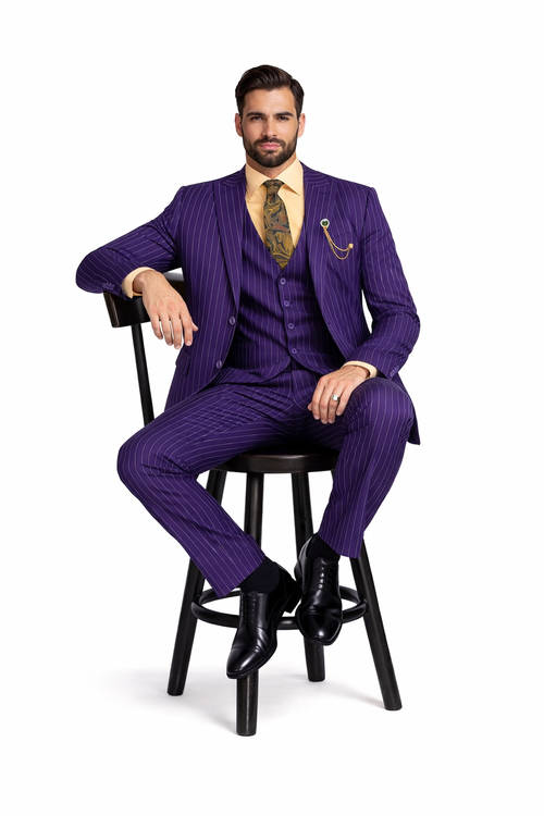Odyssey Collection - Purple Regular Fit 3 Piece Suit 2 Button Gangster Stripe