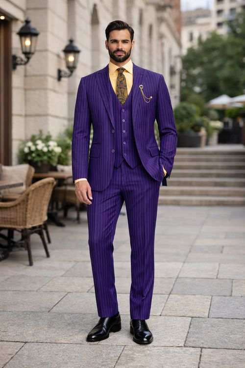 Odyssey Collection - Purple Regular Fit 3 Piece Suit 2 Button Gangster Stripe