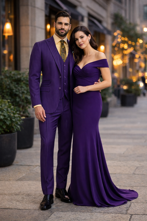Odyssey Collection - Purple Regular Fit 3 Piece Suit 2 Button Gangster Stripe