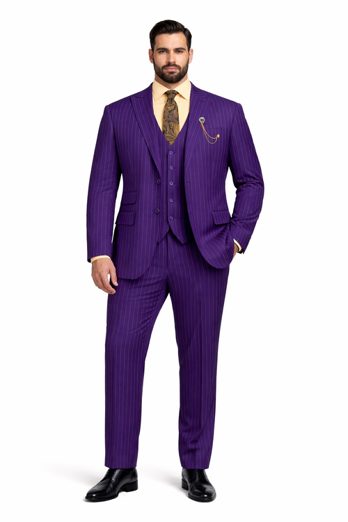 Odyssey Collection - Purple Regular Fit 3 Piece Suit 2 Button Gangster Stripe