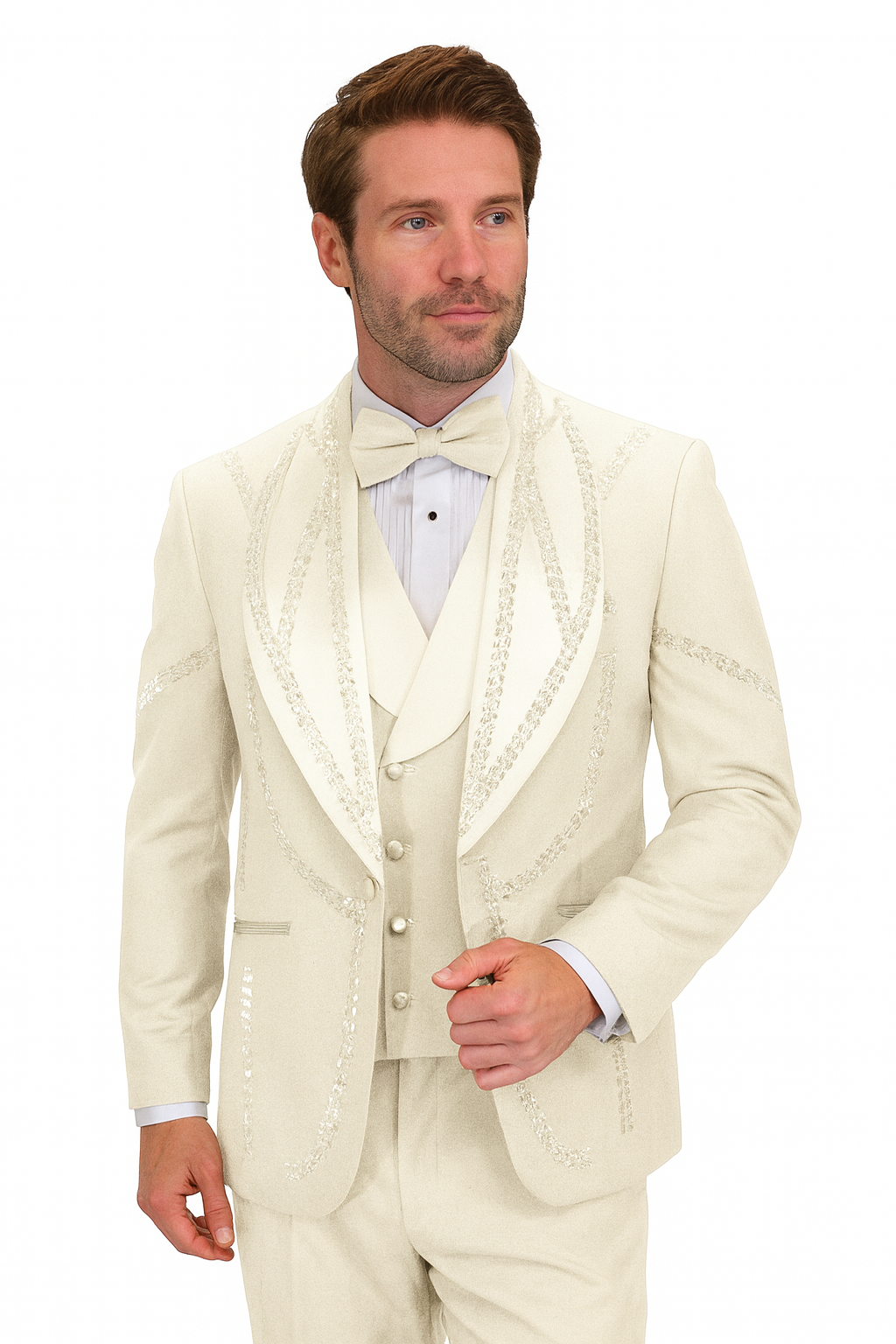 Off White Italian Wool 3-Piece Modern Fit Tuxedo - 34 Short or Extra Small