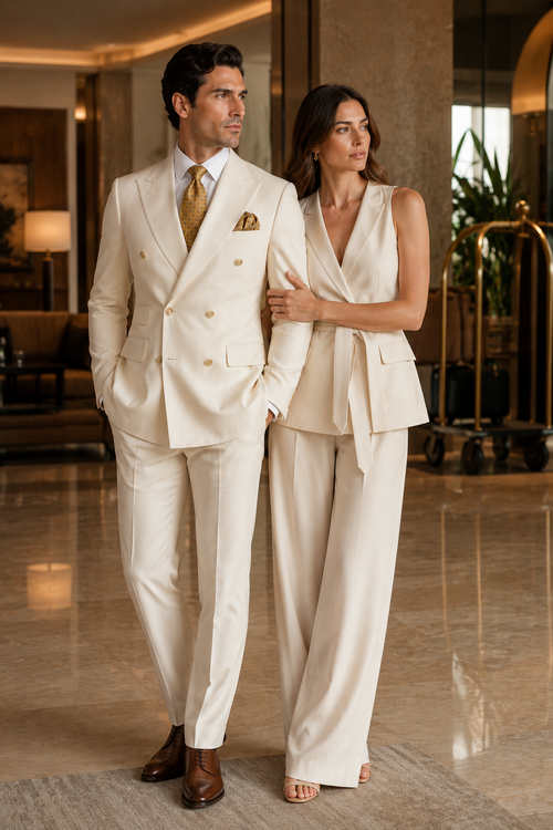 Off White - Ivory - Cream Color White Double Breasted Stylish Peaked Lapel Men Suits