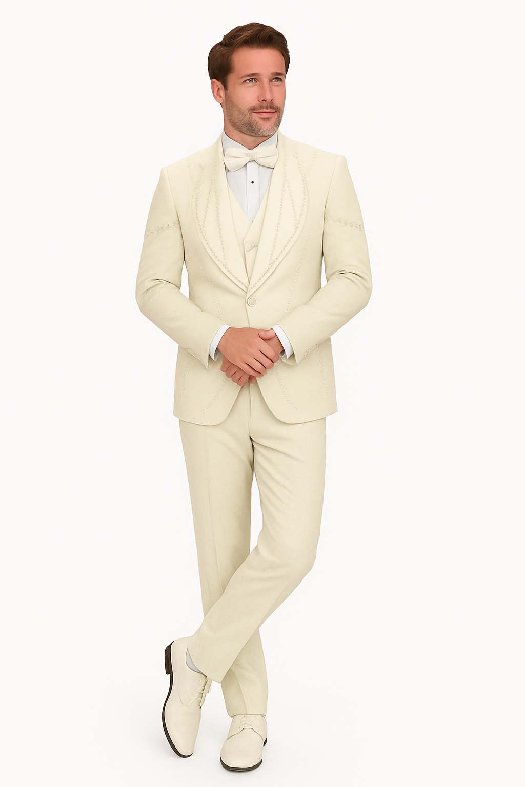 Off White Italian Wool 3-Piece Modern Fit Tuxedo - 34 Short or Extra Small
