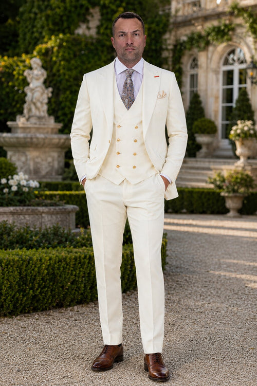 Men's Off White Statement Ticket Pocket Peak Lapel Wool Double Breasted Vest Suit with Gold Buttons – Modern Fit
