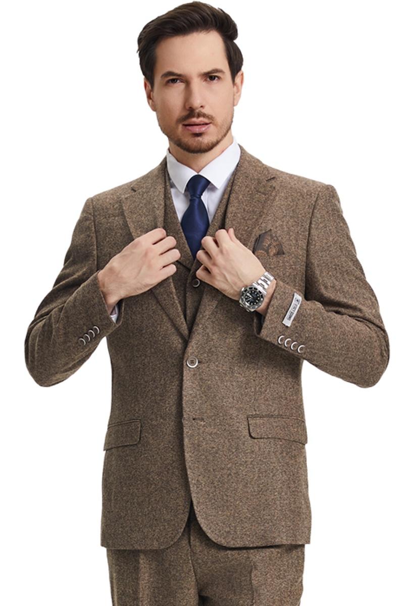 Men's Stacy Adams Vested Vintage Herringbone Tweed Suit in Light Brown - 38 Regular