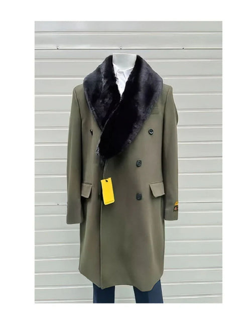 Olive Green Peacoat With Fur Collar - Wool Double Breasted Overcoat