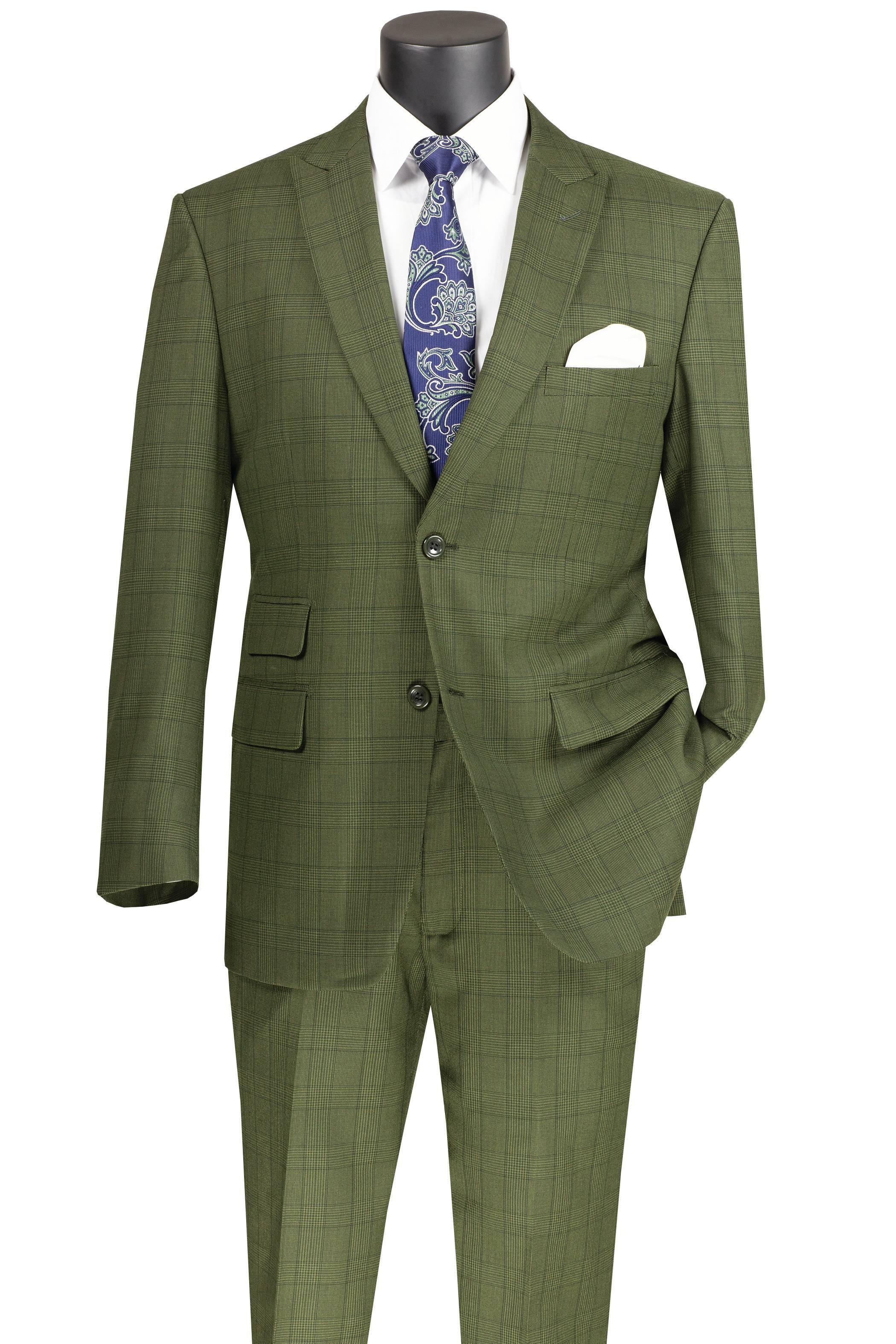 Olive Windowpane 2 Piece Modern Fit Suit - 36 Short - 30 Waist