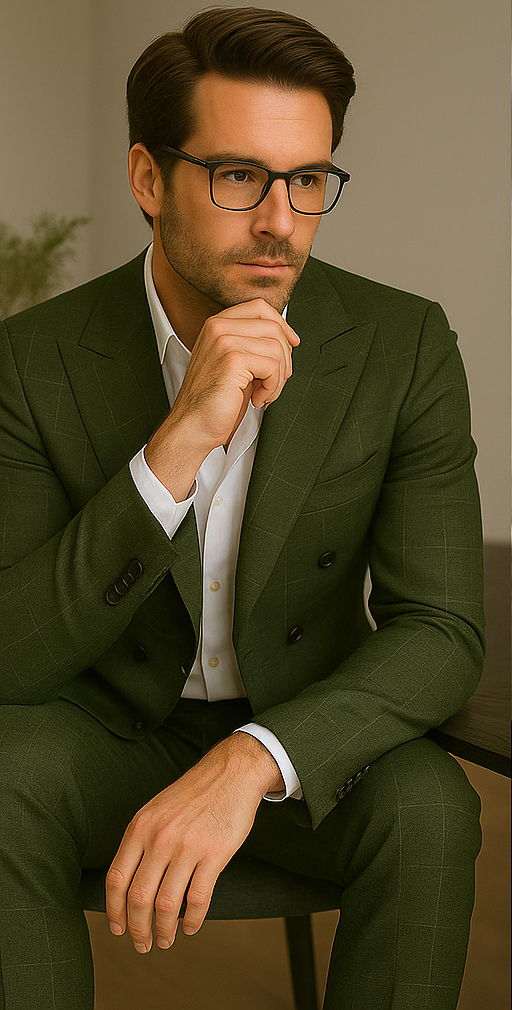 Wool Suit - Italian Made Business Suit by Statement Men's 100% Wool 2 Piece Suit - Double Breasted Windowpane - 38R