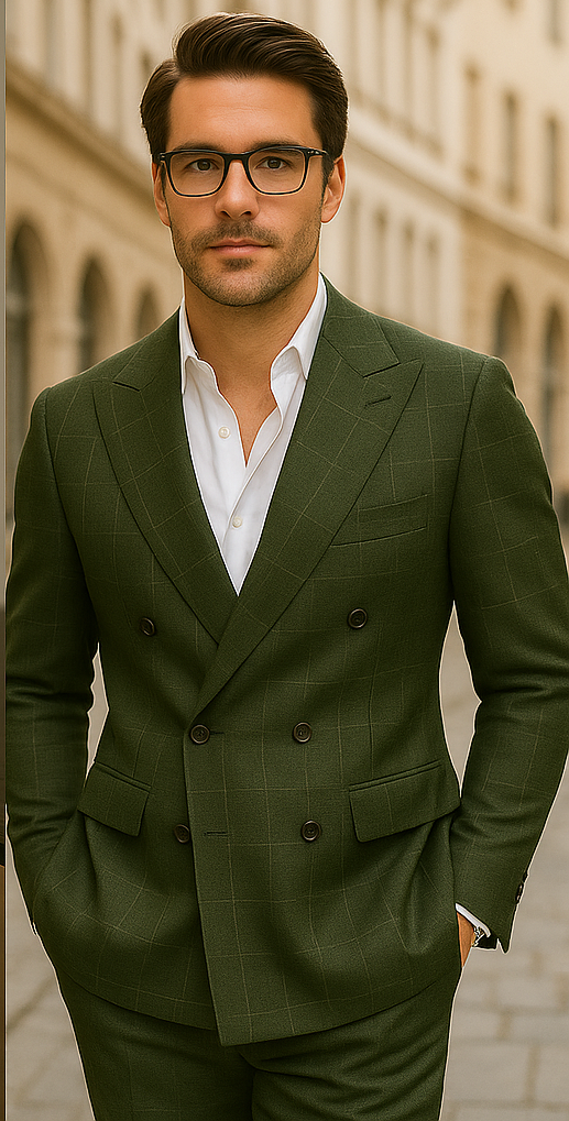 Wool Suit - Italian Made Business Suit by Statement Men's 100% Wool 2 Piece Suit - Double Breasted Windowpane - 38R