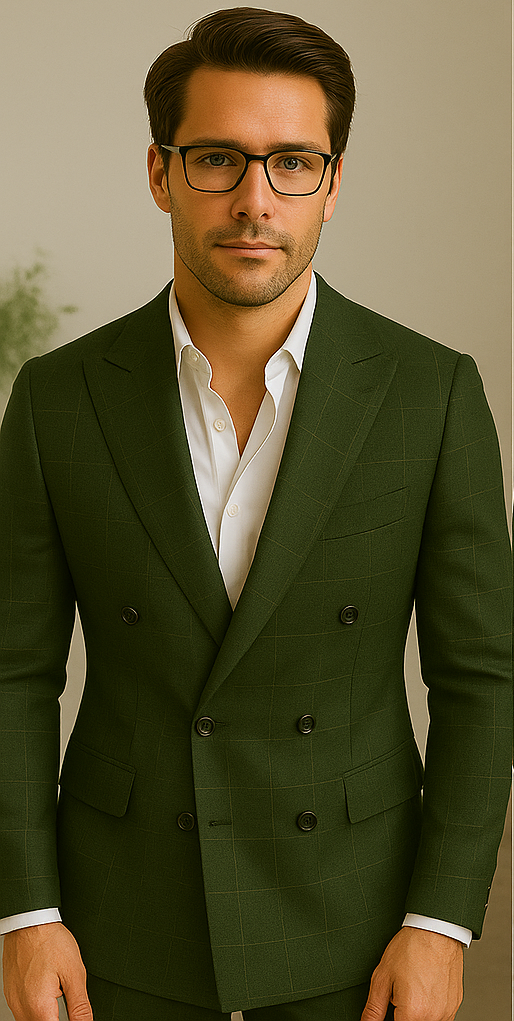 Wool Suit - Italian Made Business Suit by Statement Men's 100% Wool 2 Piece Suit - Double Breasted Windowpane - 38R