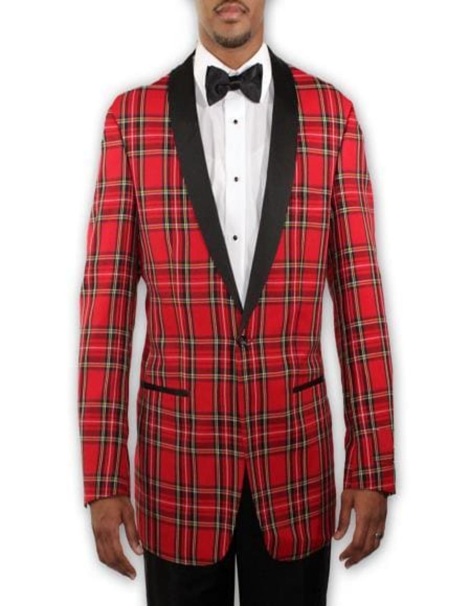 Big and Tall Plait Sport Coat - Windowpane Checkered Scottish English Pattern Party Blazer in Color Red Tartan - S