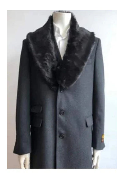 Long Jacket Ticket Pocket Designer men's Wool Peacoat Sale ~ Wool men's Car Coat Mid Length Three quarter length coat ~ Overcoat With Fur Collar Charcoal