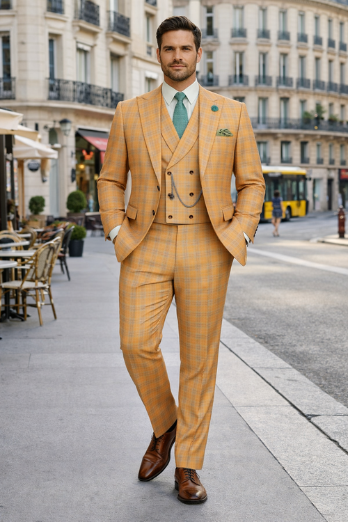 Orange Plaid Suit - Vested Suit - 3 Piece Suits - Peak Lapel Suits - Windowpane Suit - 2 Button-New Designer Collection