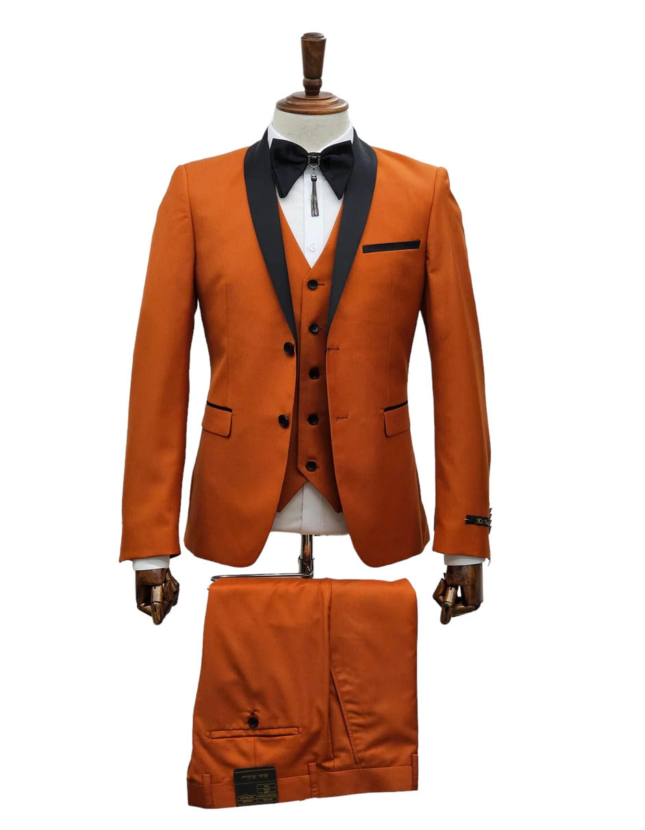 Men's Burnt Orange Tuxedo Suit – 3-Piece Slim Fit with Black Satin Shawl Lapel - 34 Short or Extra Small