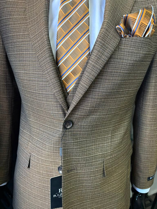 Men's Great Gatsby Brown Checker Plaid Texture 3-Piece Suit β Classic Fit Business, Wedding & Formal Suit Set - Victorian style 1920s