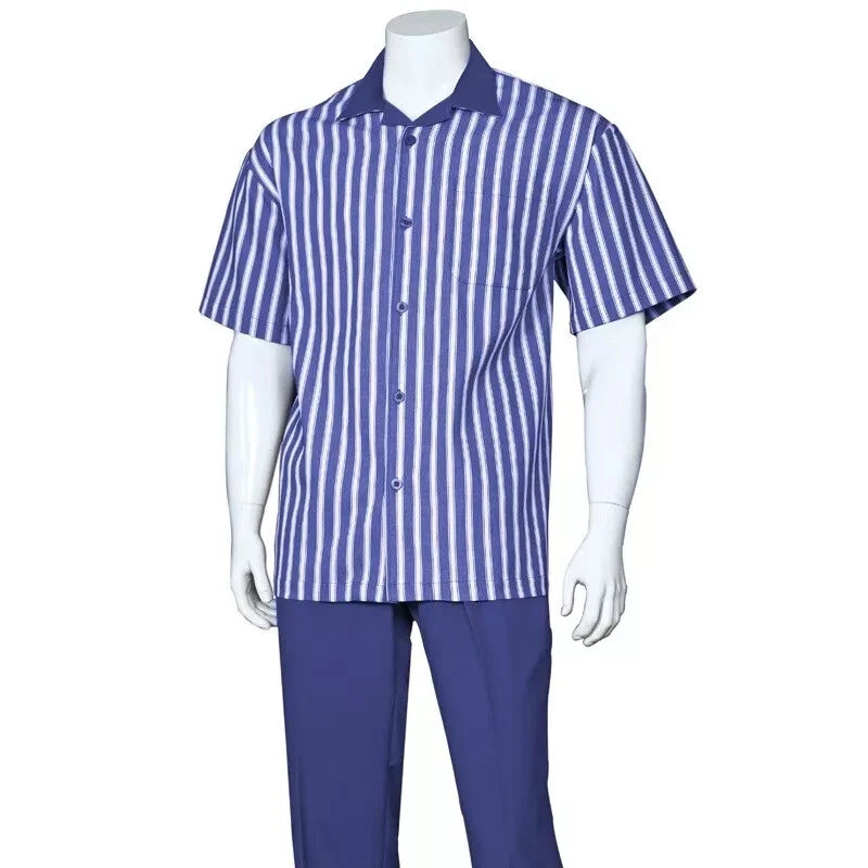Men’s Blue and White Vertical Stripe Short Sleeve Shirt Set – Casual Summer Two-Piece Outfit - S