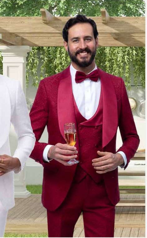 Mens Burgundy Wedding Tuxedo Suit β Paisley Three Piece Formal Suit Set with Shawl Lapel for Groom, Prom