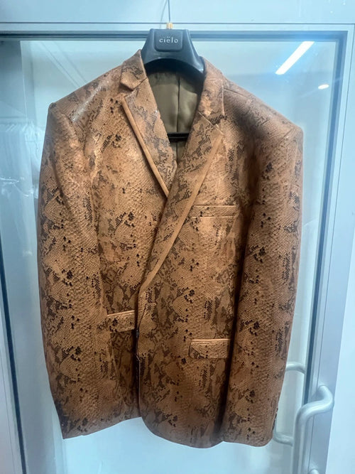 Men’s Tan Snakeskin Print Blazer, Brown Sport Coat Camel Alligator Crocodile Animal Print leopard Jacket