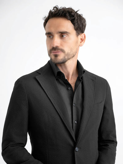 Mens Black Seersucker Blazer - Textured Two-Button Notch Lapel Formal & Summer Sport Jacket in Black Tone-on-Tone Cotton Fabric