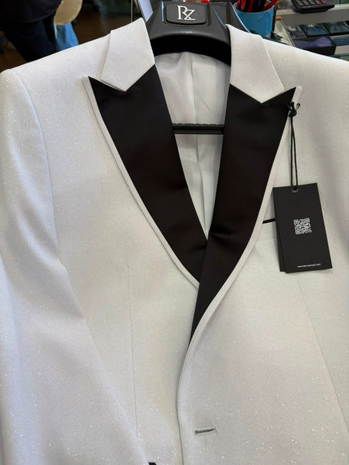 Men's White Sparkle Dinner Jacket – Black Satin Shawl Lapel Tuxedo Blazer Slim Fit Sequin Shiny Prom Jacket