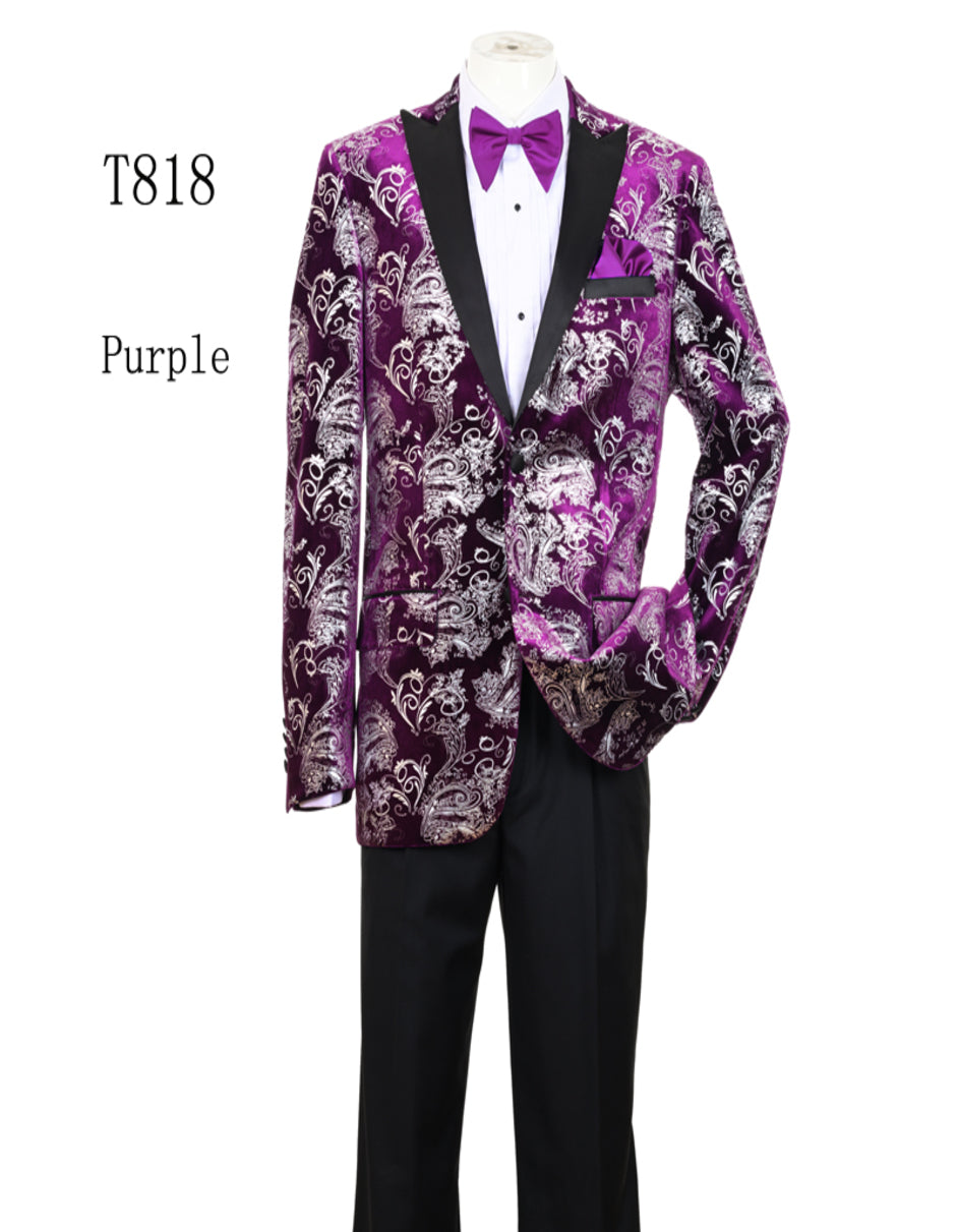 Men's Pinkish ~ Purple Paisley Tuxedo Jacket with Black Satin Lapel – Formal Prom and Wedding Blazer in Meganta Color - 34 Short or Extra Small