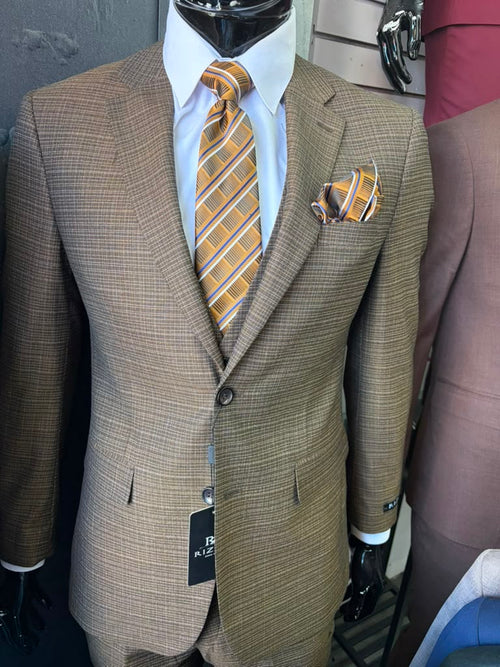 Men's Great Gatsby Brown Checker Plaid Texture 3-Piece Suit β Classic Fit Business, Wedding & Formal Suit Set - Victorian style 1920s