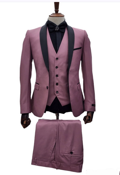 Men's Rose Pink Tuxedo Suit Luxury Three-Piece Formal Wear with Black Satin Lapel Dusty Mauve Color