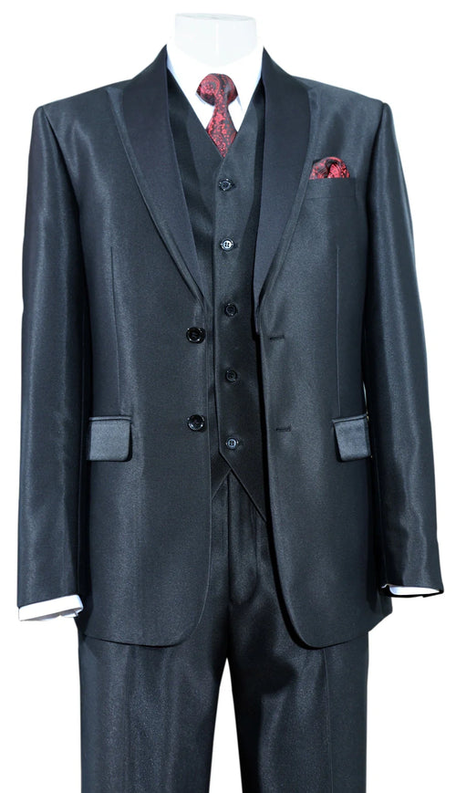 Men’s Black Shiny 3 Piece Tuxedo Groom Suit, Formal Vest Suit for Weddings, Prom, Black Tie Events, Black Lapel