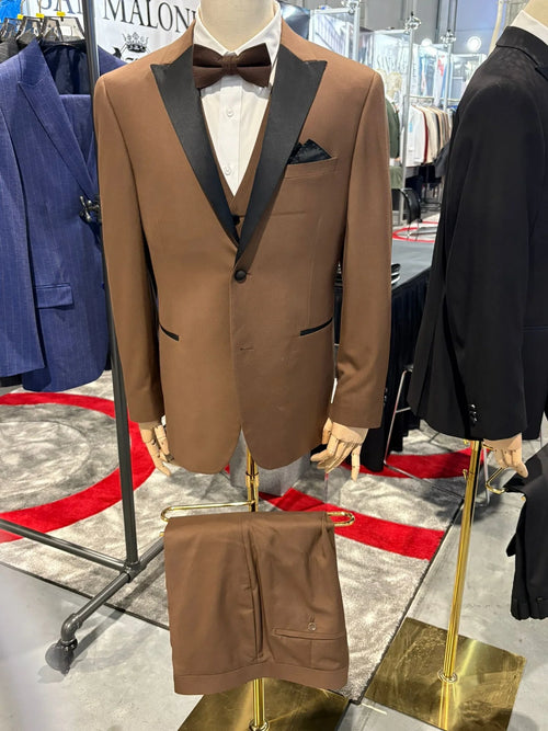 Men’s Light Brown Western Tuxedo 3 Piece Suit with Black Collar Lapel, Country Look Cowboy Suit