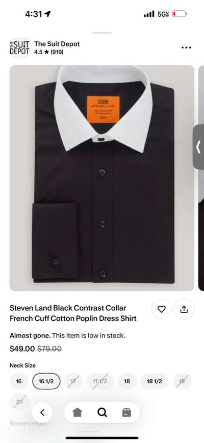 Mens Black Dress Shirt with White Contrast Collar | French Cuff Cotton Poplin Formal Button-Up Shirt
