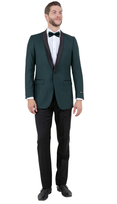 Mens Green Tuxedo Suit Slim Fit Jacket with Black Satin Shawl Lapel and Black Pants in Hunter Green