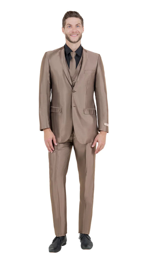Mens Sateen Shiny Metallic Mocca Taupe Gold Bronze 3-Piece Suit Set Shiny Finish slim Fit Formal and Party Suit