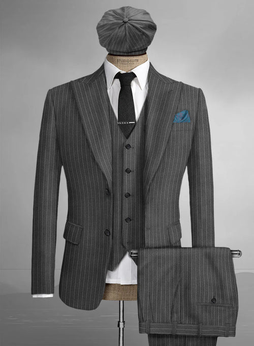 Men’s Thomas Shelby Peaky Blinders Gray Wool Suit Out fit Charcoal Grey Pinstripe 3-Piece Vintage 1920s Suit
