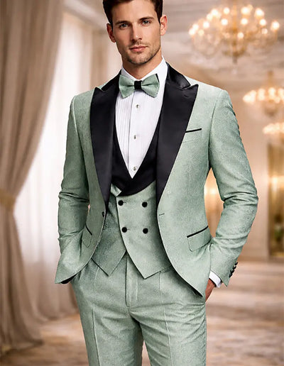 Men’s Sage Green Wedding Tuxedo with Black Shawl Lapel – 3 Piece Groom Prom Suit Mintish Color