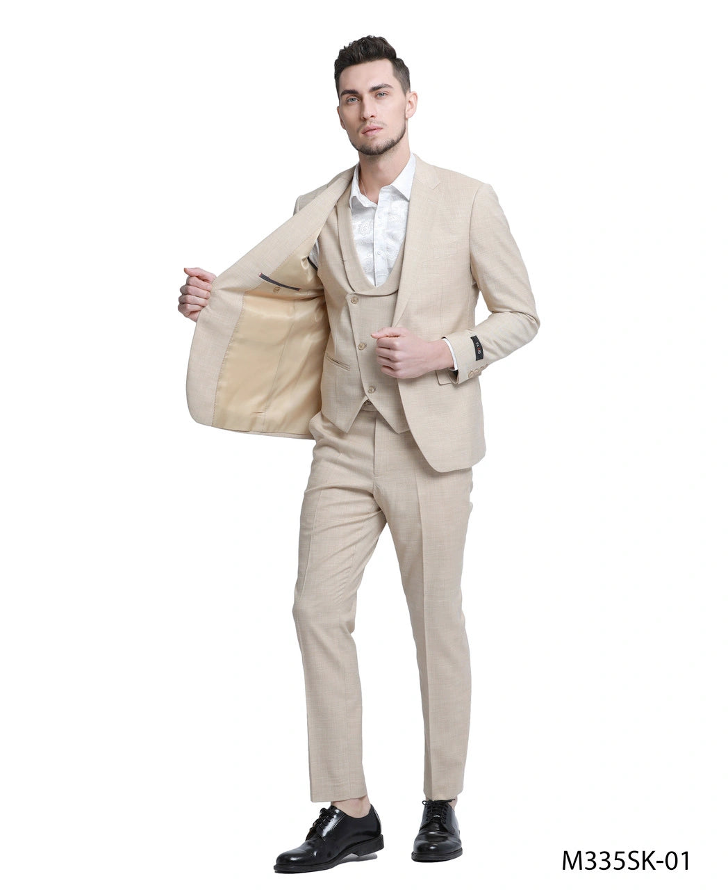 Mens Sand Beige 3 Piece Suit – Double breasted Vest Formal Suit Set and Dress Pants in Champaign Natural Summer Color
