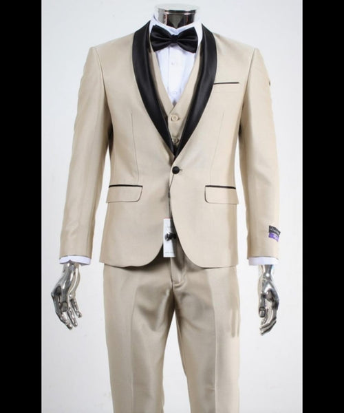 Mens Champagne Beige Shiny Tuxedo 3 Piece Suit with Black Shawl Lapel | Formal Wedding Prom Suit Set in Sand Light Tan Color