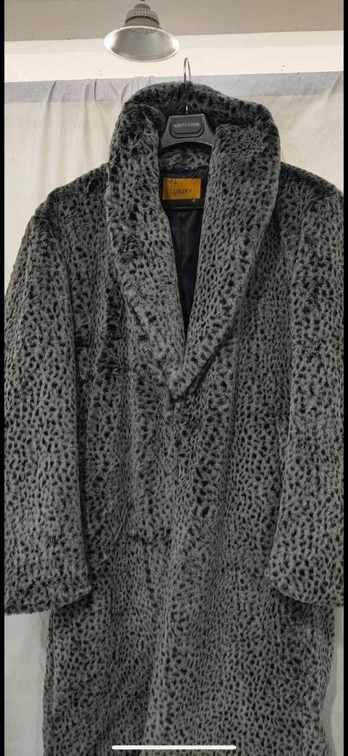 Mens Luxury Long Grey Faux Fur Coat -Winter Overcoat with Animal Print Design