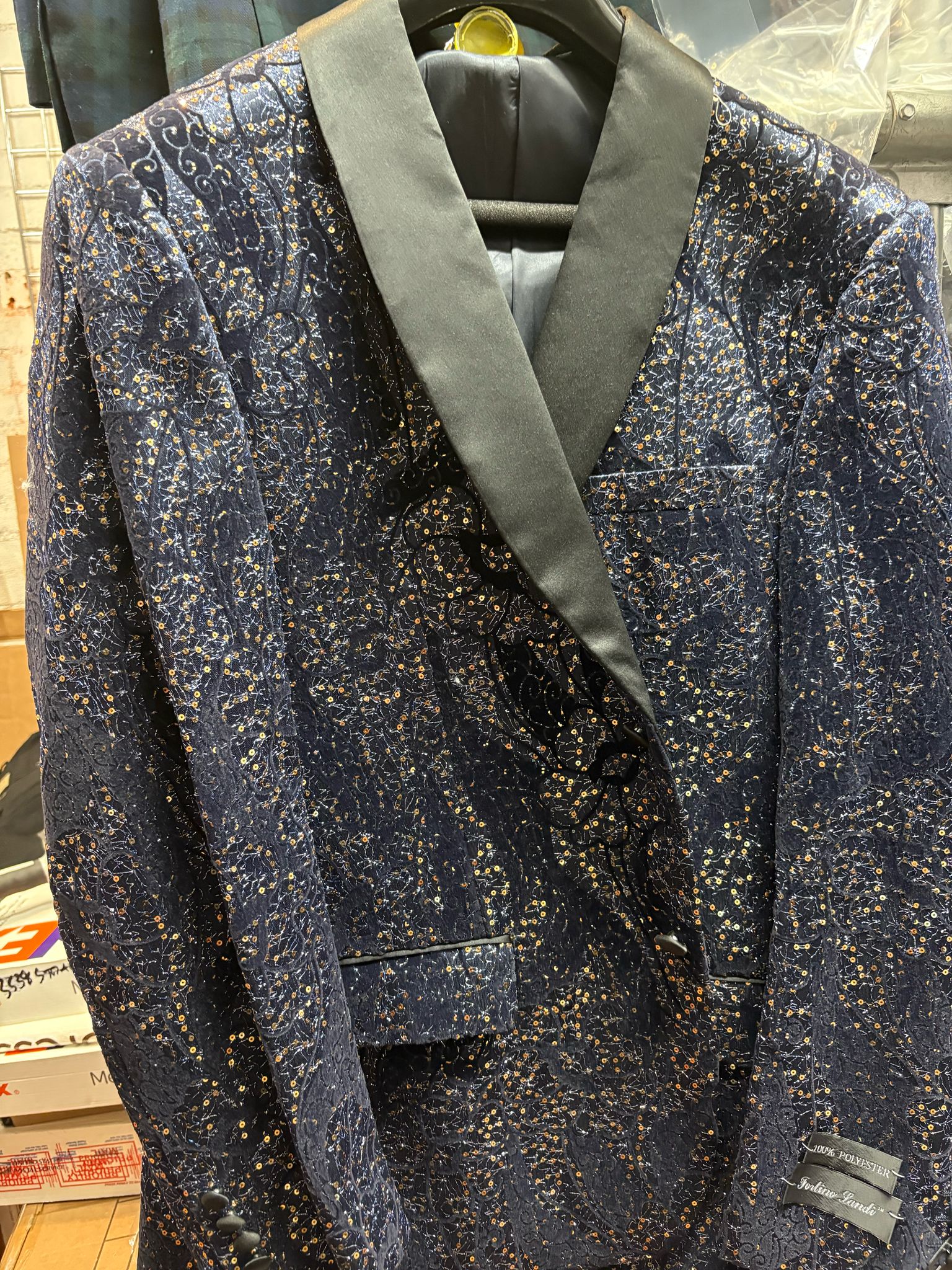 Men’s Navy Blue Sequin Tuxedo Jacket with Black Satin Shawl Lapel – Luxury Prom and Wedding Blazer - 34 Short or Extra Small